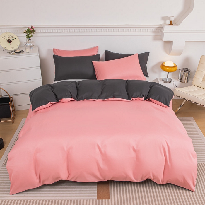 91家纺网 家纺一手货源 找家纺 莎臣豹 2025新款水洗棉磨毛纯色双拼简约风撞色四件套 甜豆沙爱上高雅灰