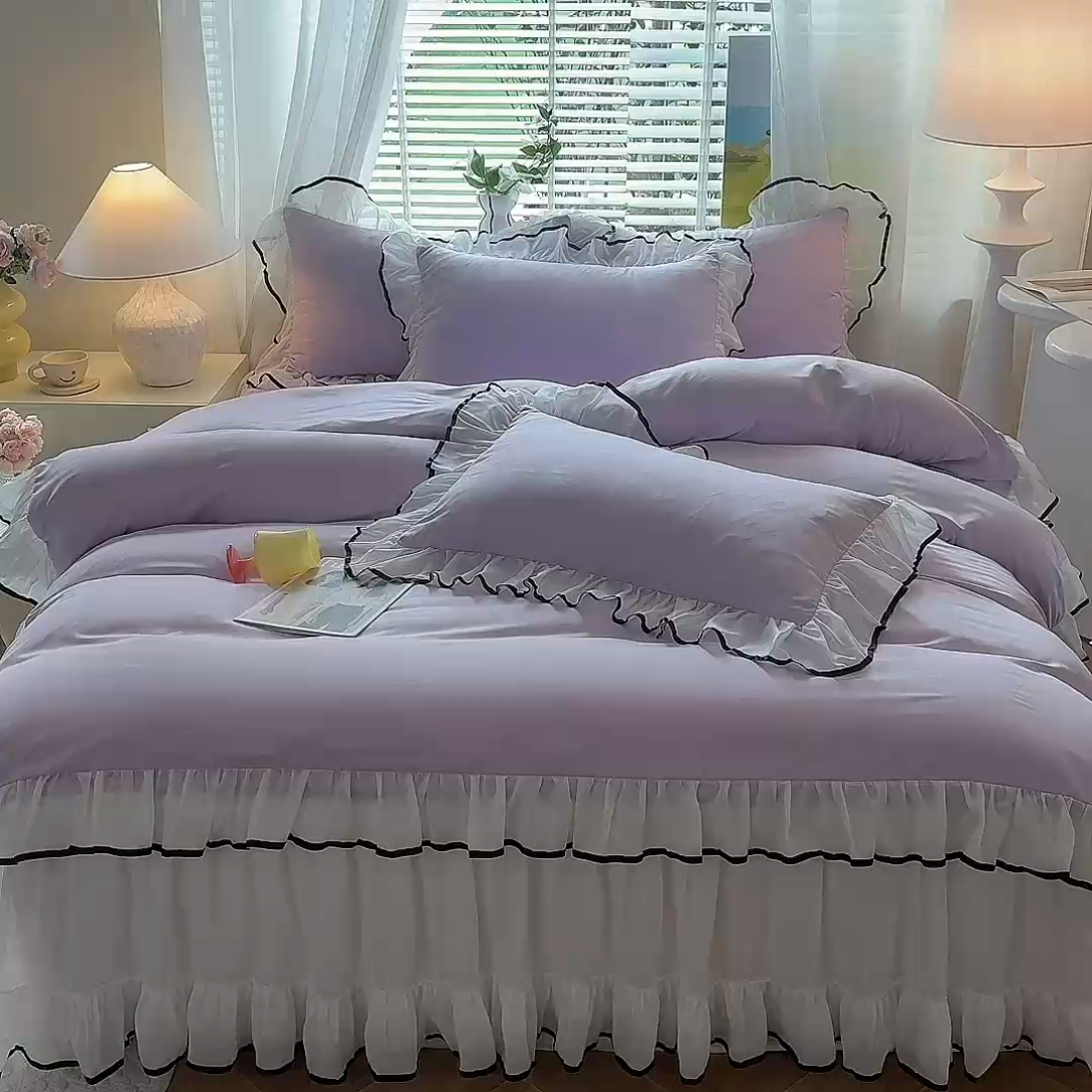 91家纺网 家纺一手货源 找家纺 唐人居 2025新款水洗棉麻亲肤蕾丝花边四件套 小确幸-浅紫