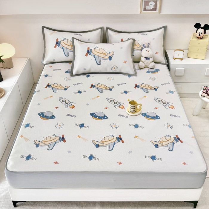 91家纺网 家纺一手货源 找家纺 全季家居 2024新款5A抗菌小清新数码印花冰藤席 宇宙飞船（床笠款）