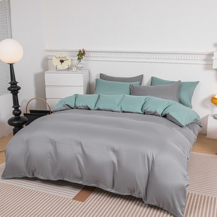 91家纺网 家纺一手货源 找家纺 莎臣豹 2025新款水洗棉磨毛纯色双拼简约风撞色四件套 浅灰爱上豆绿