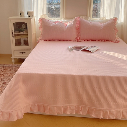 十里居 2024新款水洗棉纯色韩版花边夹棉床盖三件套 浅粉