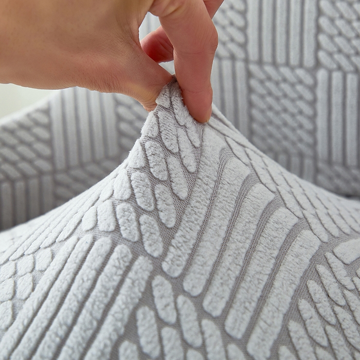 91家纺网 家纺一手货源 找家纺 共鸣沙发套 2024新款摇粒绒提花交织纹系列椅套（扶手款弧形椅套） 格纹-浅灰