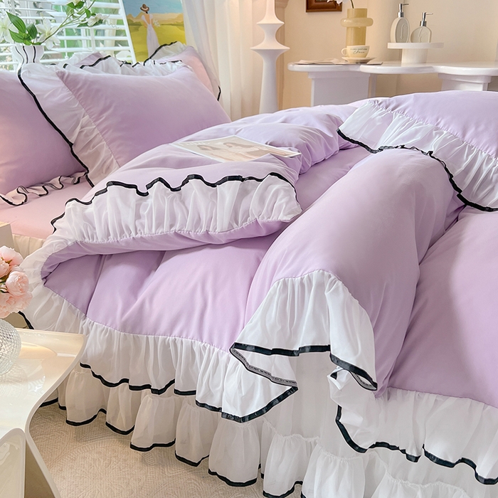 91家纺网 家纺一手货源 找家纺 唐人居 2025新款水洗棉麻亲肤蕾丝花边四件套 小确幸-浅紫