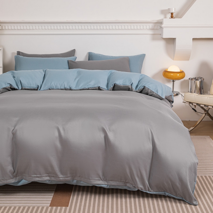 91家纺网 家纺一手货源 找家纺 莎臣豹 2025新款水洗棉磨毛纯色双拼简约风撞色四件套 浅灰爱上雾霾蓝