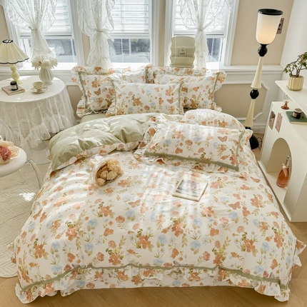 91家纺网 家纺一手货源 找家纺 眠屿家纺 2024新款全棉40支13372花边四件套 蝶梦