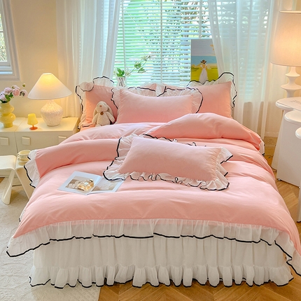 唐人居 2025新款水洗棉麻亲肤蕾丝花边四件套 小确幸-浅粉