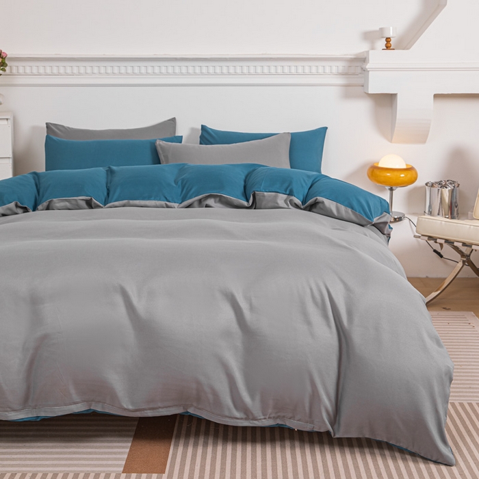 91家纺网 家纺一手货源 找家纺 莎臣豹 2025新款水洗棉磨毛纯色双拼简约风撞色四件套 浅灰爱上宝蓝
