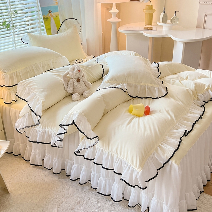 91家纺网 家纺一手货源 找家纺 唐人居 2025新款水洗棉麻亲肤蕾丝花边四件套 小确幸-奶白