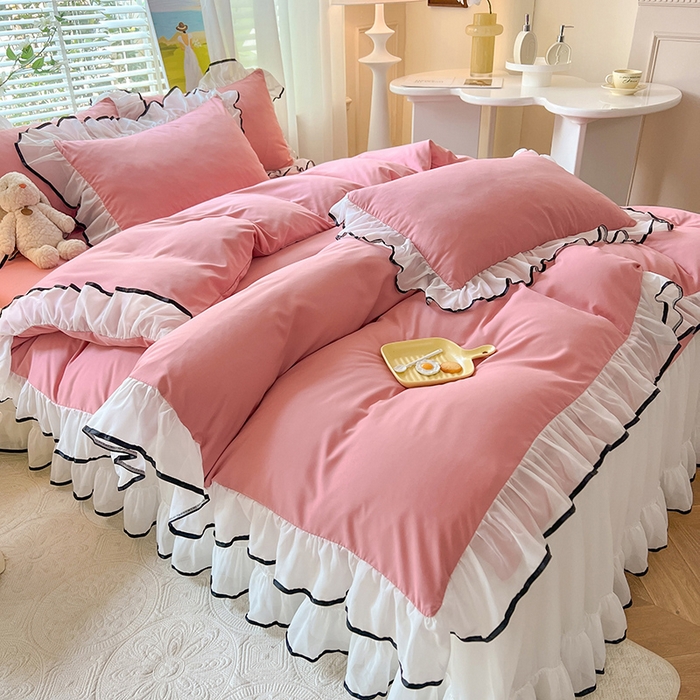 91家纺网 家纺一手货源 找家纺 唐人居 2025新款水洗棉麻亲肤蕾丝花边四件套 小确幸-豆沙