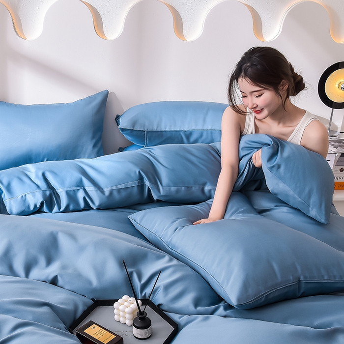 91家纺网 家纺一手货源 找家纺 简爱家纺 2025新款水洗真丝四件套 冰蓝