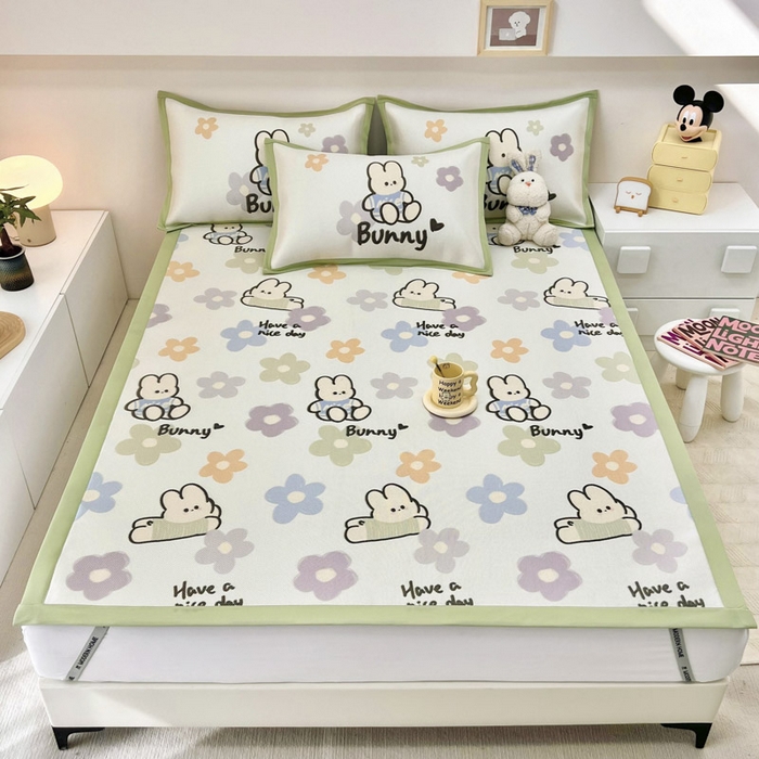 91家纺网 家纺一手货源 找家纺 全季家居 2024新款5A抗菌小清新数码印花冰藤席 花朵兔（床席款）