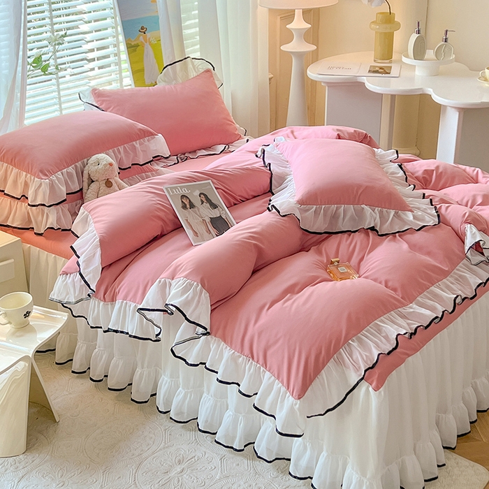 91家纺网 家纺一手货源 找家纺 唐人居 2025新款水洗棉麻亲肤蕾丝花边四件套 小确幸-豆沙