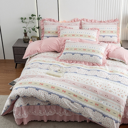 浩浩家纺 2024新款软糯印花泡泡棉蕾丝床盖四件套 被套款 樱桃兔