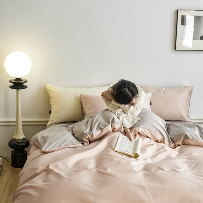 91家纺网 家纺一手货源 找家纺 安莱生活 2024新款100s长绒棉贡缎双拼四件套 虾粉-银灰