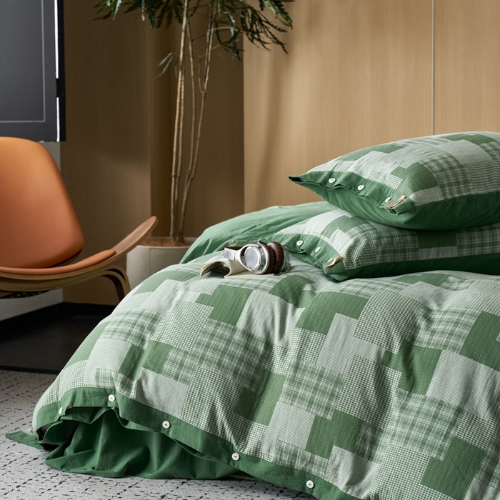 91家纺网 家纺一手货源 找家纺 安莱生活 2024年新品双层纱拼布田园纽扣款四件套 拼布田园纽扣款-嫩绿