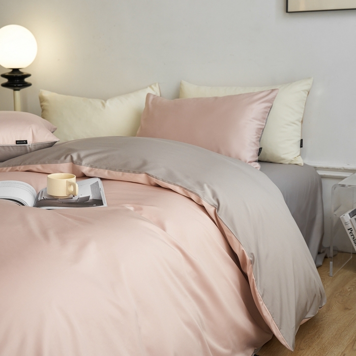 91家纺网 家纺一手货源 找家纺 安莱生活 2024新款100s长绒棉贡缎双拼四件套 虾粉-银灰