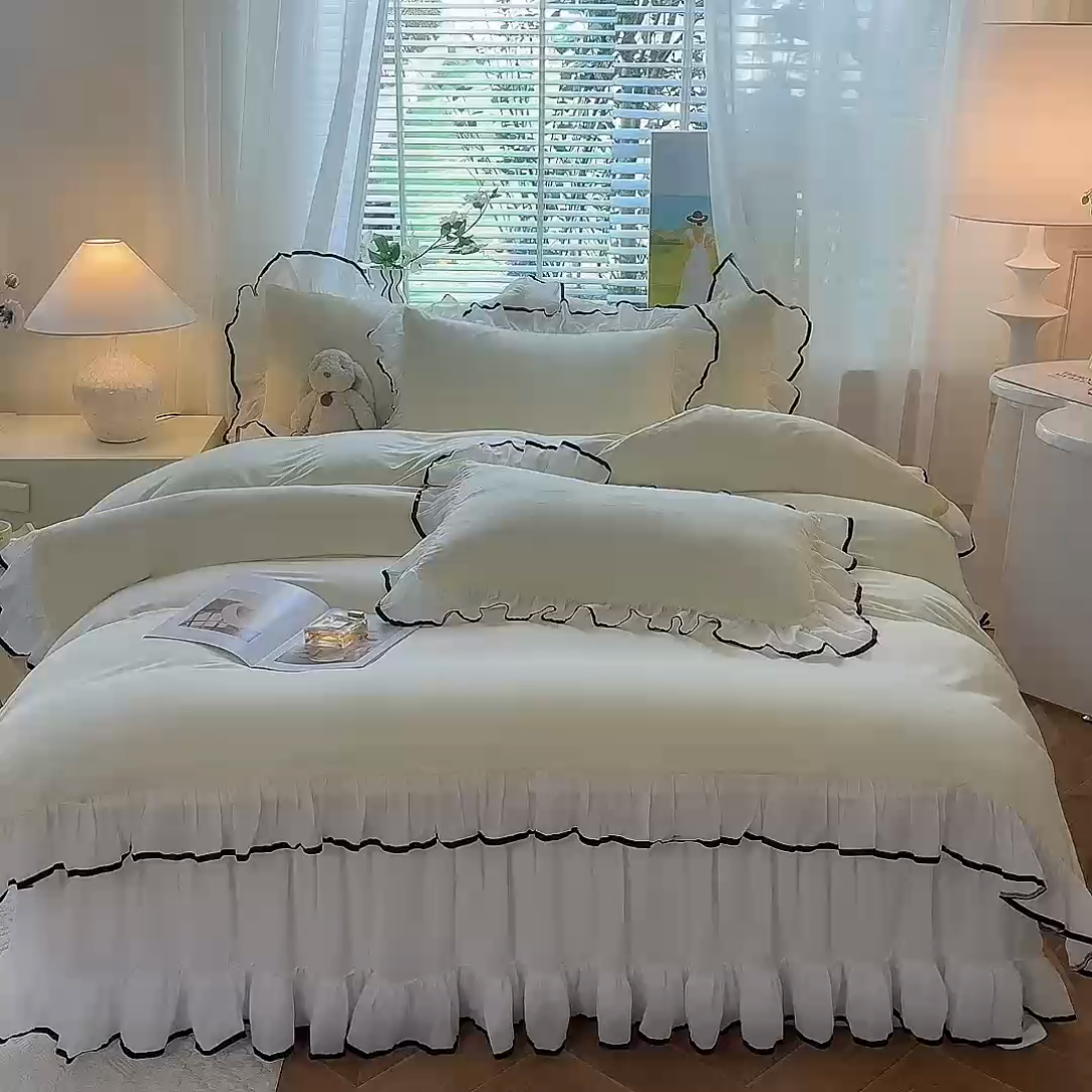 91家纺网 家纺一手货源 找家纺 唐人居 2025新款水洗棉麻亲肤蕾丝花边四件套 小确幸-奶白