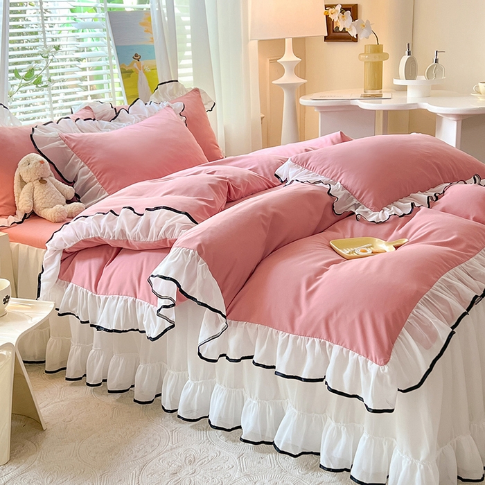 91家纺网 家纺一手货源 找家纺 唐人居 2025新款水洗棉麻亲肤蕾丝花边四件套 小确幸-豆沙