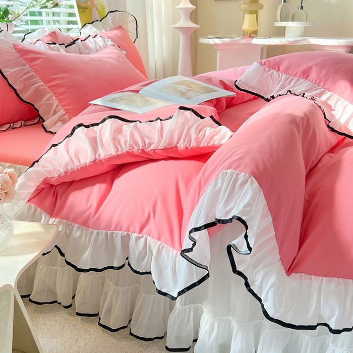 91家纺网 家纺一手货源 找家纺 唐人居 2025新款水洗棉麻亲肤蕾丝花边四件套 小确幸-红玉