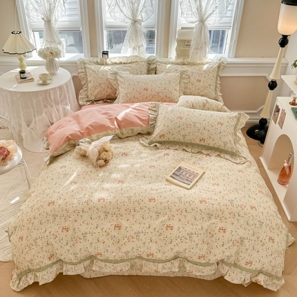 91家纺网 家纺一手货源 找家纺 眠屿家纺 2024新款全棉40支13372花边四件套 兰溪园