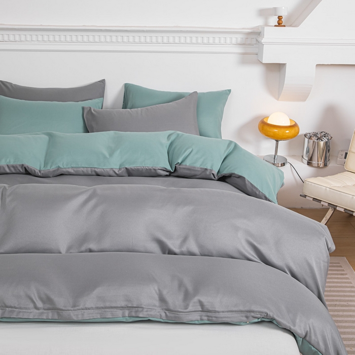 91家纺网 家纺一手货源 找家纺 莎臣豹 2025新款水洗棉磨毛纯色双拼简约风撞色四件套 浅灰爱上豆绿