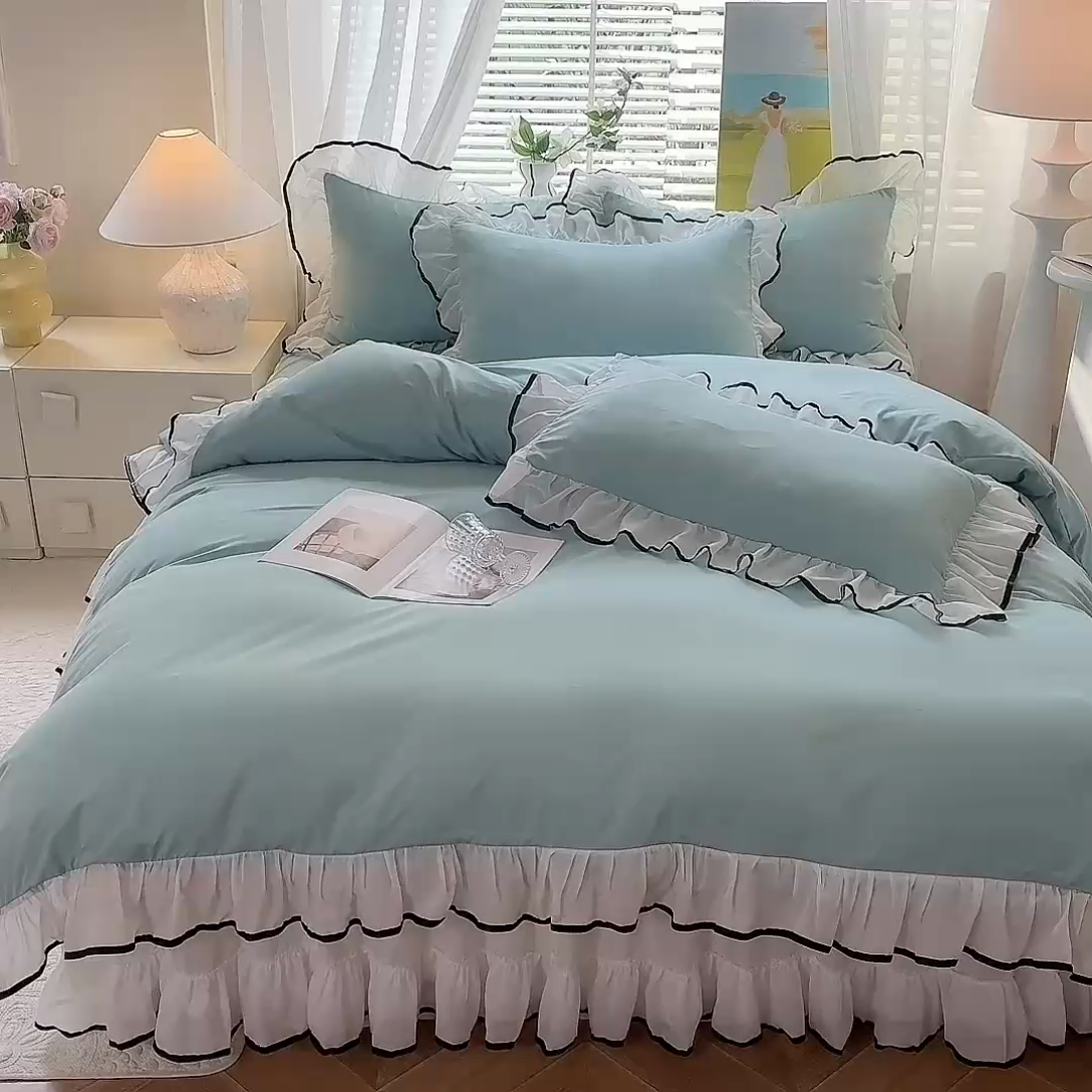 91家纺网 家纺一手货源 找家纺 唐人居 2025新款水洗棉麻亲肤蕾丝花边四件套 小确幸-水兰