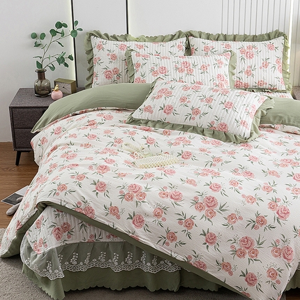 浩浩家纺 2024新款软糯印花泡泡棉蕾丝床盖四件套 被套款 粉玫瑰
