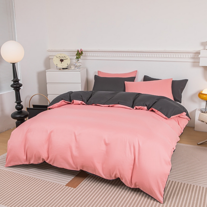 91家纺网 家纺一手货源 找家纺 莎臣豹 2025新款水洗棉磨毛纯色双拼简约风撞色四件套 甜豆沙爱上高雅灰