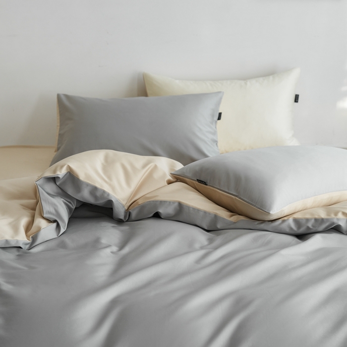 91家纺网 家纺一手货源 找家纺 安莱生活 2024新款100s长绒棉贡缎双拼四件套 红灰-棕灰