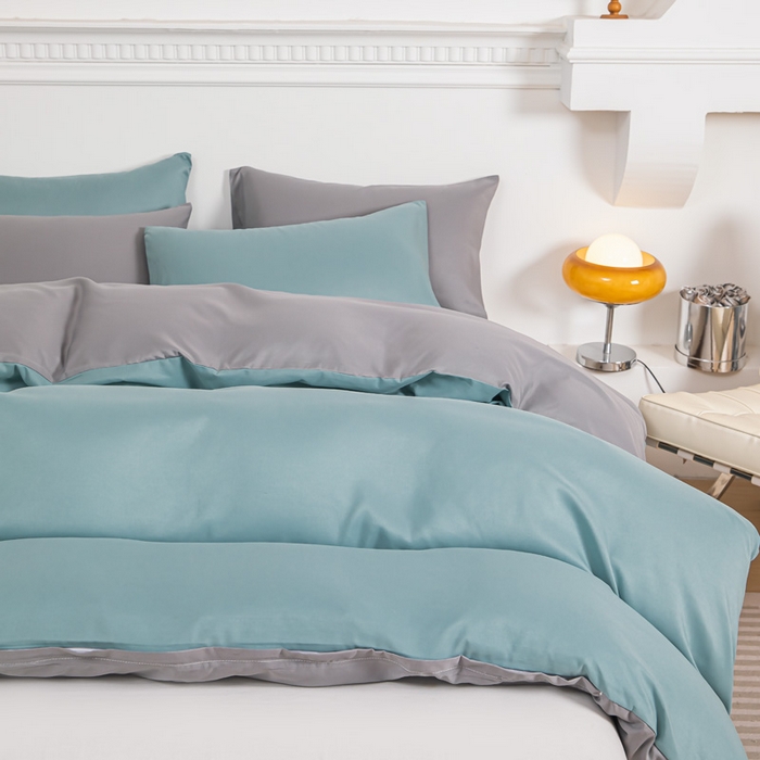 91家纺网 家纺一手货源 找家纺 莎臣豹 2025新款水洗棉磨毛纯色双拼简约风撞色四件套 豆绿爱上浅灰