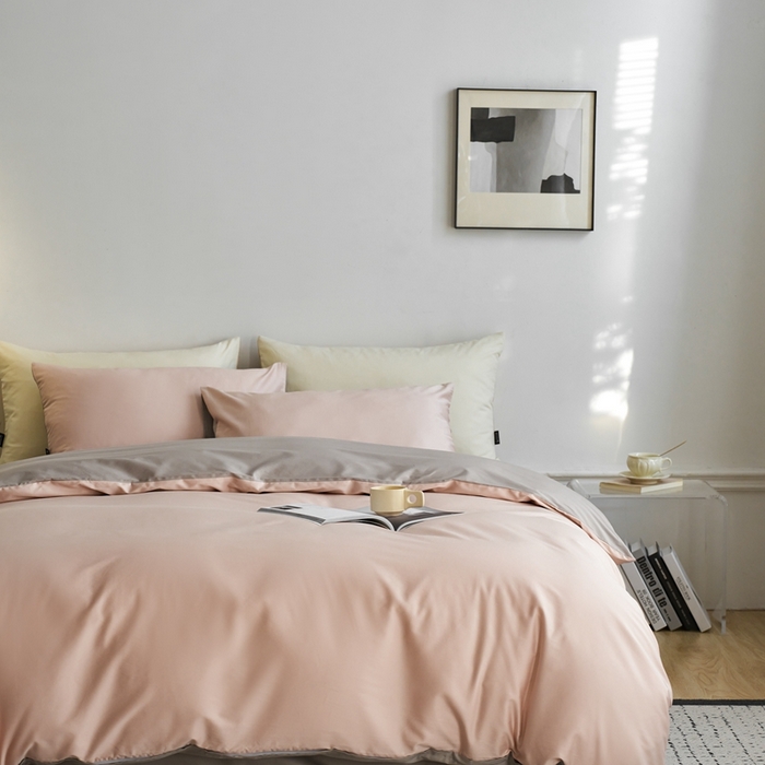 91家纺网 家纺一手货源 找家纺 安莱生活 2024新款100s长绒棉贡缎双拼四件套 虾粉-银灰