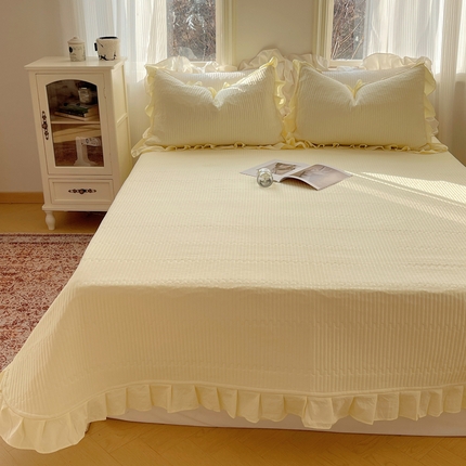 十里居 2024新款水洗棉纯色韩版花边夹棉床盖三件套 米黄