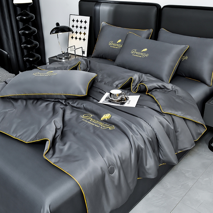 91家纺网 家纺一手货源 找家纺 益多眠 2024爆款水洗真丝夏被四件套冰丝夏被轻奢夏被空调被羽毛夏被四件套绣花夏被 羽毛---高级灰