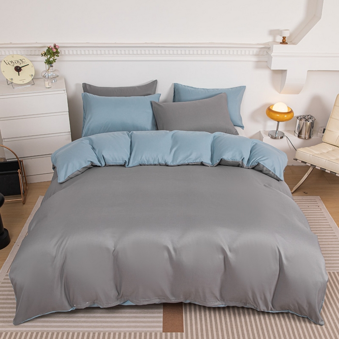 91家纺网 家纺一手货源 找家纺 莎臣豹 2025新款水洗棉磨毛纯色双拼简约风撞色四件套 浅灰爱上雾霾蓝