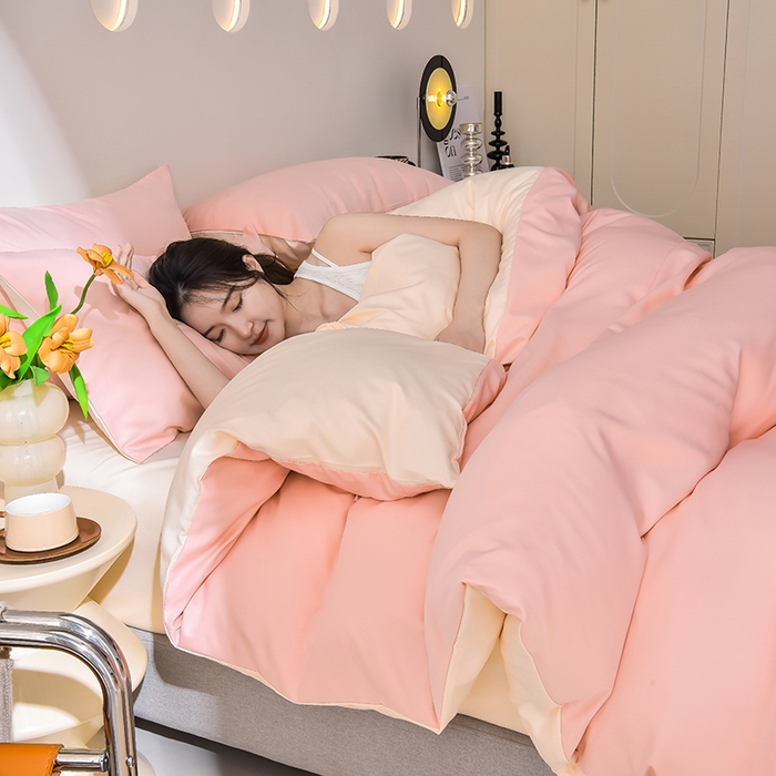 91家纺网 家纺一手货源 找家纺 简爱家纺 2025新款水洗真丝四件套 戴妃粉+暖杏色