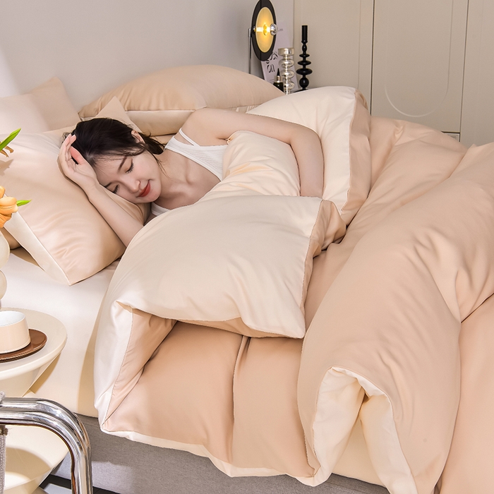 91家纺网 家纺一手货源 找家纺 简爱家纺 2025新款水洗真丝四件套 奶茶咖+暖杏色