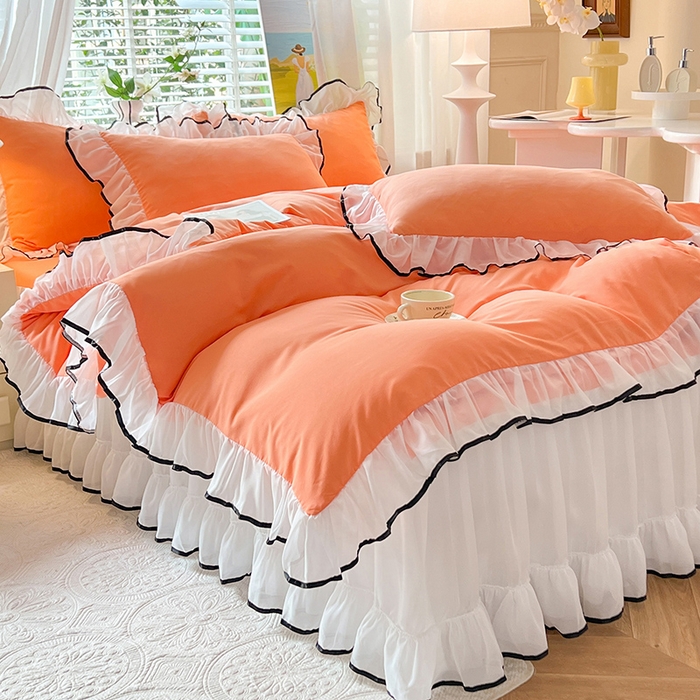 91家纺网 家纺一手货源 找家纺 唐人居 2025新款水洗棉麻亲肤蕾丝花边四件套 小确幸-橘橙