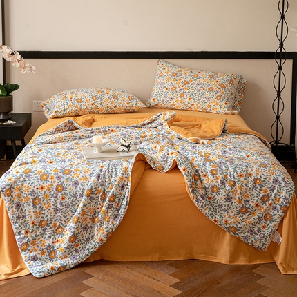 91家纺网 家纺一手货源 找家纺 华超针织 2024新款A类全棉针织印花夏被四件套 夏被花语