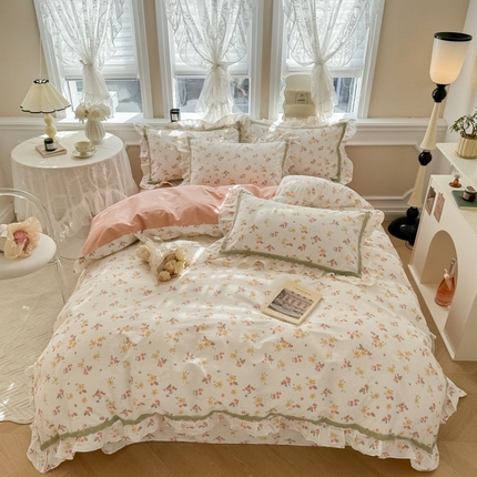 91家纺网 家纺一手货源 找家纺 眠屿家纺 2024新款全棉40支13372花边四件套 精灵花园