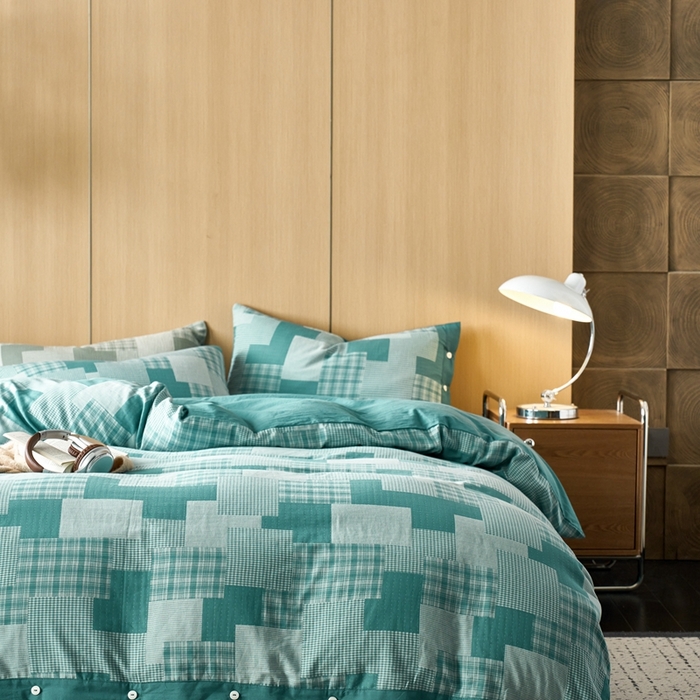 91家纺网 家纺一手货源 找家纺 安莱生活 2024年新品双层纱拼布田园纽扣款四件套 拼布田园纽扣款-乌兰