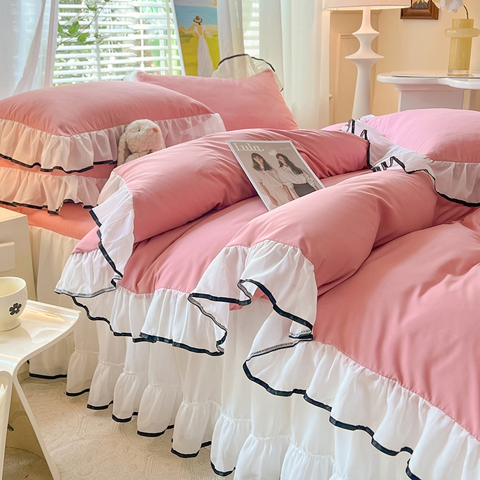 91家纺网 家纺一手货源 找家纺 唐人居 2025新款水洗棉麻亲肤蕾丝花边四件套 小确幸-豆沙