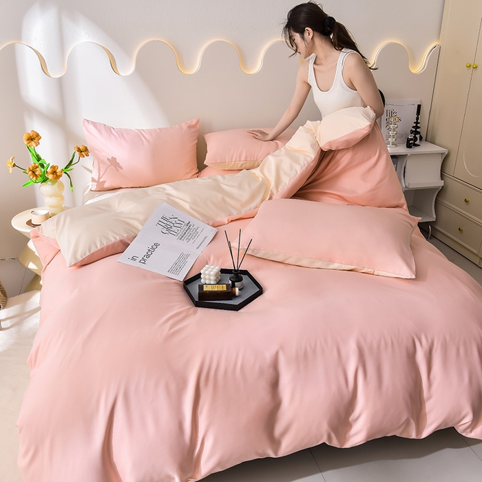 91家纺网 家纺一手货源 找家纺 简爱家纺 2025新款水洗真丝四件套 戴妃粉+暖杏色