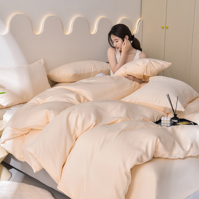 91家纺网 家纺一手货源 找家纺 简爱家纺 2025新款水洗真丝四件套 暖杏色