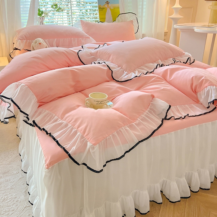 91家纺网 家纺一手货源 找家纺 唐人居 2025新款水洗棉麻亲肤蕾丝花边四件套 小确幸-浅粉