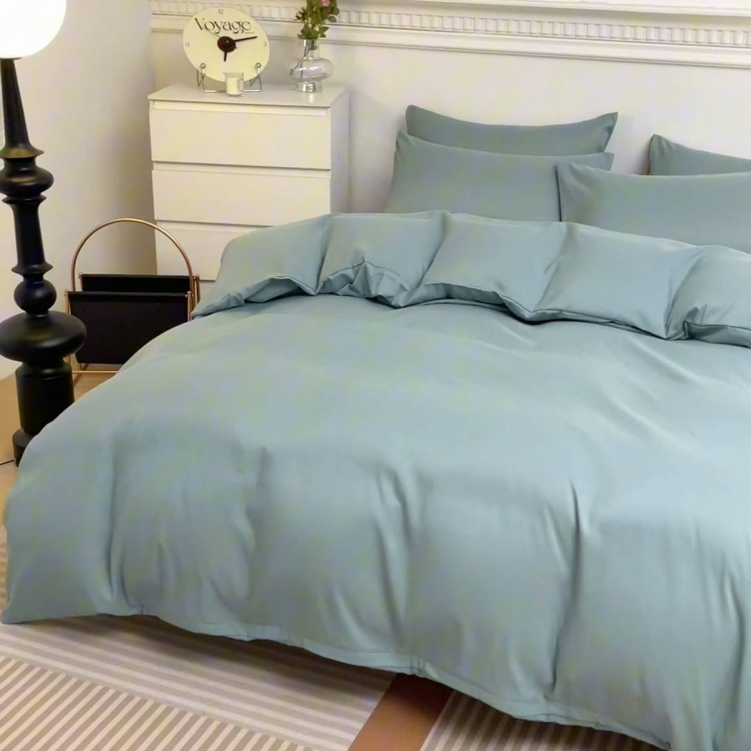 91家纺网 家纺一手货源 找家纺 莎臣豹 2025新款水洗棉磨毛纯色双拼简约风撞色四件套 豆绿