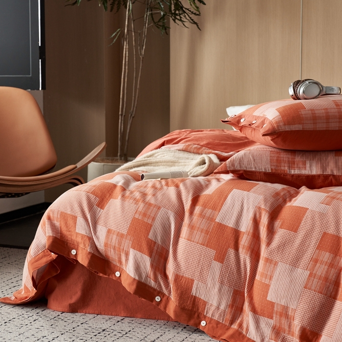91家纺网 家纺一手货源 找家纺 安莱生活 2024年新品双层纱拼布田园纽扣款四件套 拼布田园纽扣款-橘红