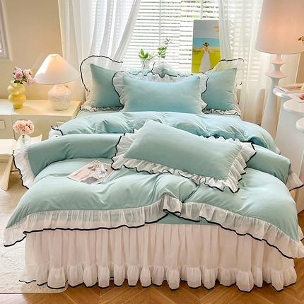 唐人居 2025新款水洗棉麻亲肤蕾丝花边四件套 小确幸-水兰