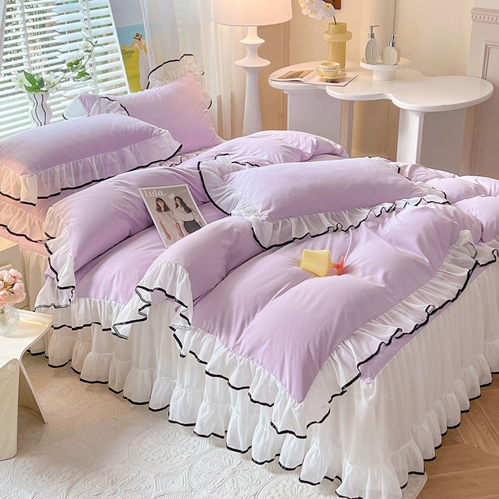 91家纺网 家纺一手货源 找家纺 唐人居 2025新款水洗棉麻亲肤蕾丝花边四件套 小确幸-浅紫