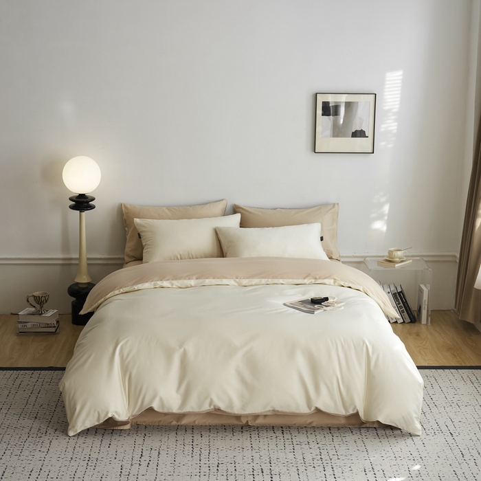 91家纺网 家纺一手货源 找家纺 安莱生活 2024新款100s长绒棉贡缎双拼四件套 月光白-棕灰