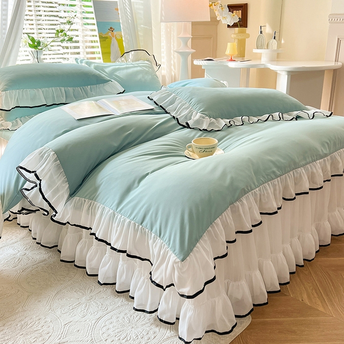 91家纺网 家纺一手货源 找家纺 唐人居 2025新款水洗棉麻亲肤蕾丝花边四件套 小确幸-水兰